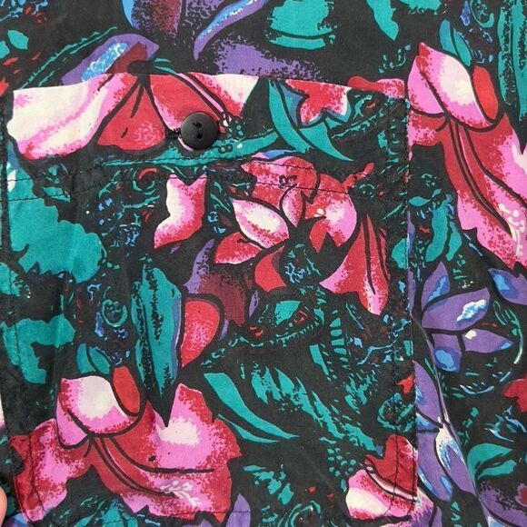 🌺100% Silk large Vintage bright floral tropical Hawaiian button down Miami vice - Picture 10 of 13